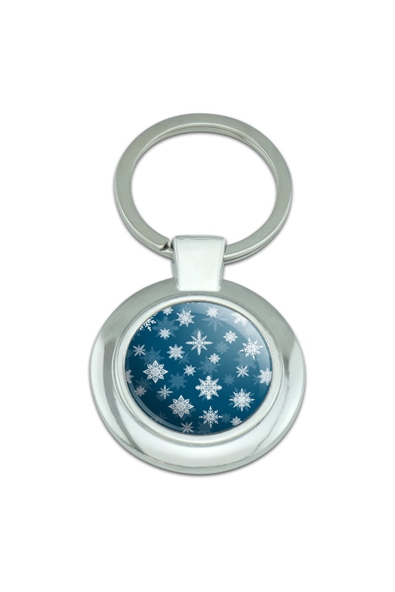 Snowflakes on Blue Tile Pattern Keychain Classy Round Chrome Plated Metal
