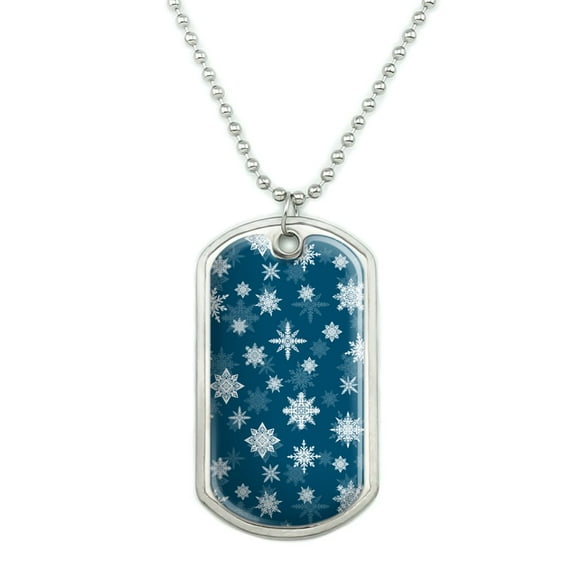 Snowflakes on Blue Tile Pattern Military Dog Tag Pendant Necklace with Chain