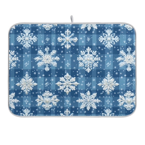 Snowflakes on Checkerboard Dish Drying Mat 16x18 Absorbent Microfiber Draining Rack Pad for Kitchen Counter Sink