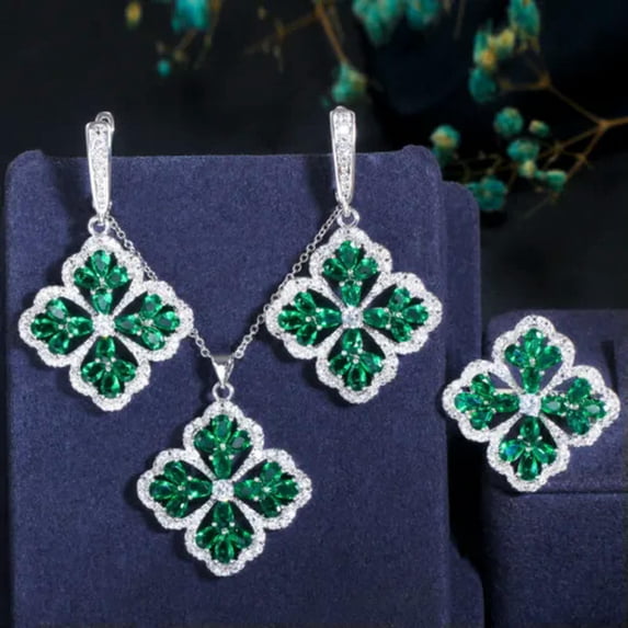 Snowflower Multicolor Cubic Zircon Big Huggie Earrings Necklace Ring Jewelry Set