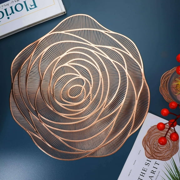 Snowkingdom Rose Gold Placemats and Coasters Set of 6 Pressed Metallic Vinyl Round Place Mats Dining Table Mats Dinning
