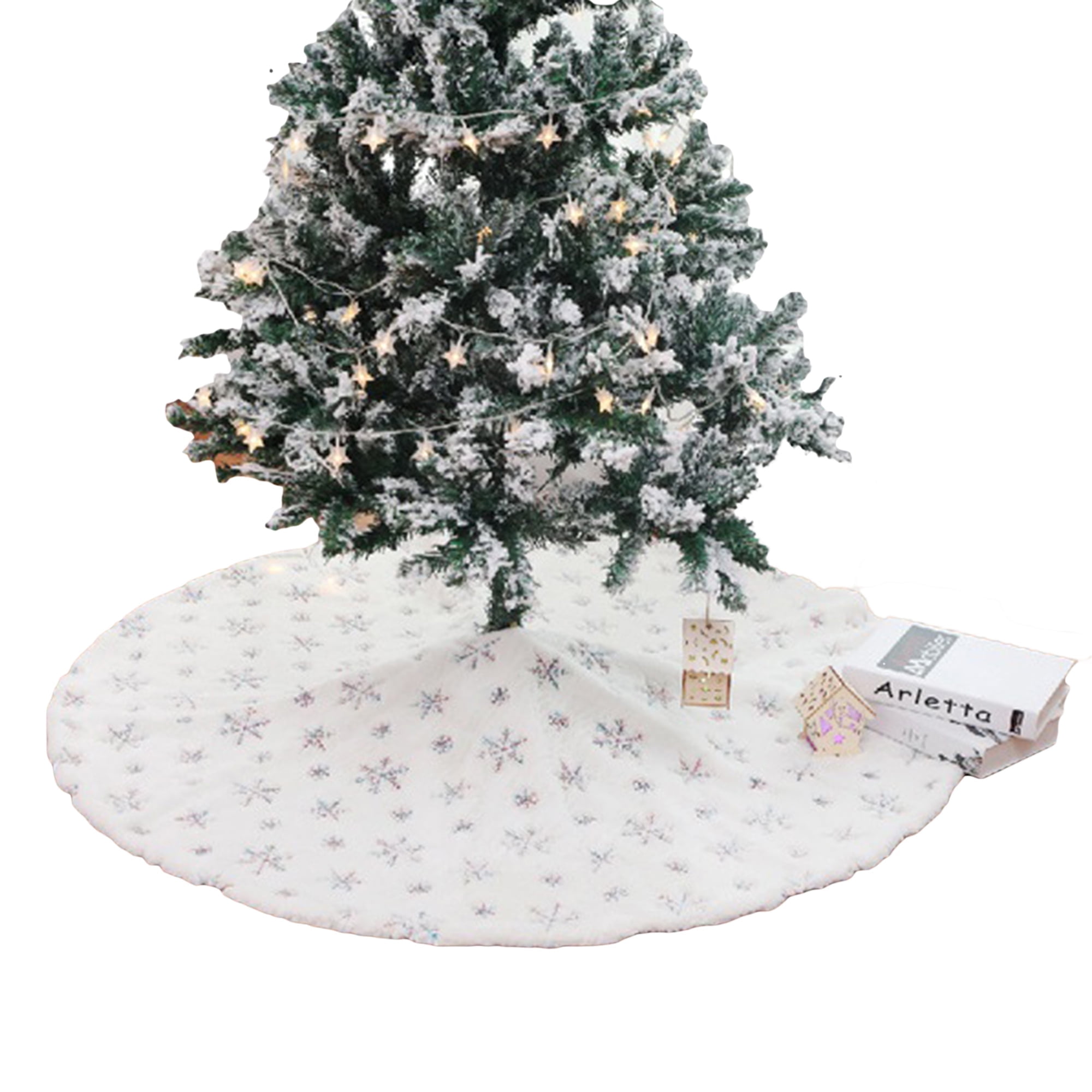 Snowlflake Christmas Tree Skirt, Large Snowy White Faux Fur Tree Skirt