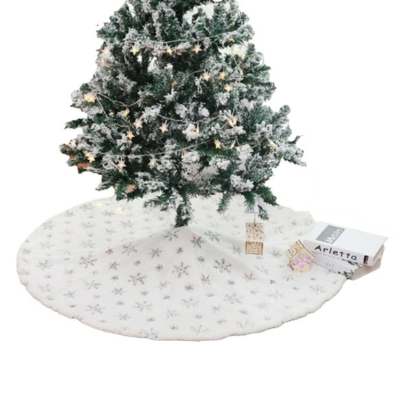 Snowlflake Christmas Tree Skirt, Large Snowy White Faux Fur Tree Skirt with Snowy Pattern for Christmas Decorations