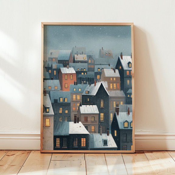 Snowlit Rooftops Winter Nordic Houses Wall Art Home Decor Unframed Paper Print