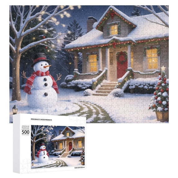 Snowman And Cabin Holiday,Christmas Festival 500 Piece Jigsaw Puzzle for Adults Challenging Puzzle Perfect for Game Nights - A009