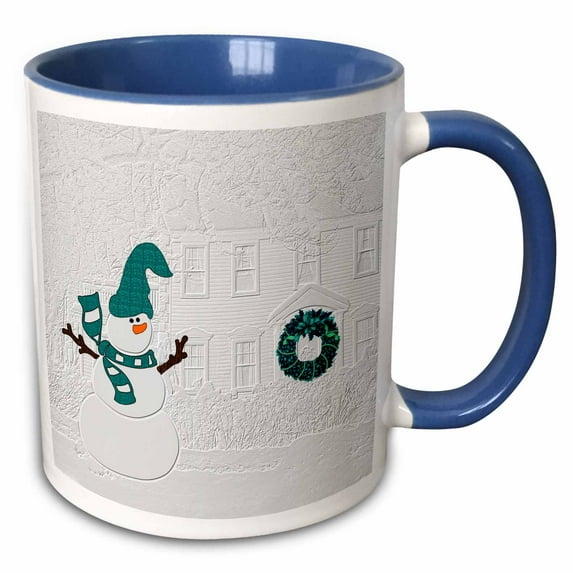 3drose, Snowman and Wreath on the Door Christmas White and Teal Etched Look Can Not Be Felt to the Touch, 11oz Two-tone Blue Mug