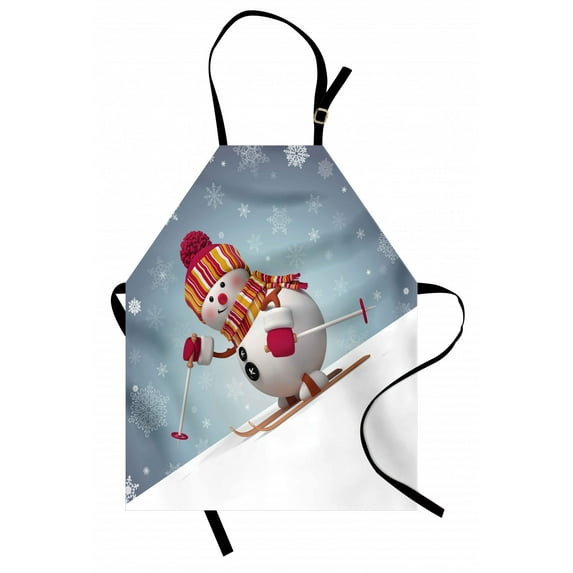 Snowman Apron Skiing Snowman in 3D Style with Ornate Snowflakes Winter Outdoors Activity Fun, Unisex Kitchen Bib Apron with Adjustable Neck for Cooking Baking Gardening, Multicolor, by Ambesonne