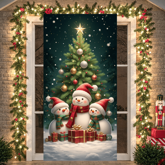 Snowman Banner Winter Welcome Decoration Christmas Snowflake Polyester Fabric Sign for Holiday Party Indoor Outdoor