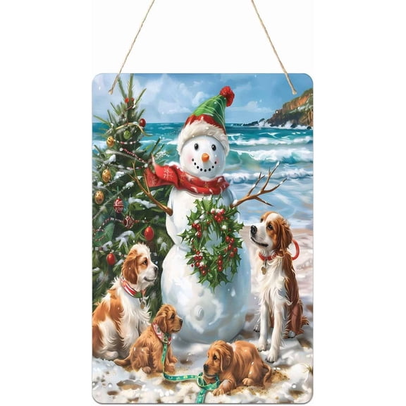 Snowman Beach Hanging Plaque Wall Art Sign,Christmas Dog Tree Berry Painting Art Metal Iron Personalized Printed Plaques Front Door Entryway Décoall Decor for Bedroom Living Rration Custom Vertical W