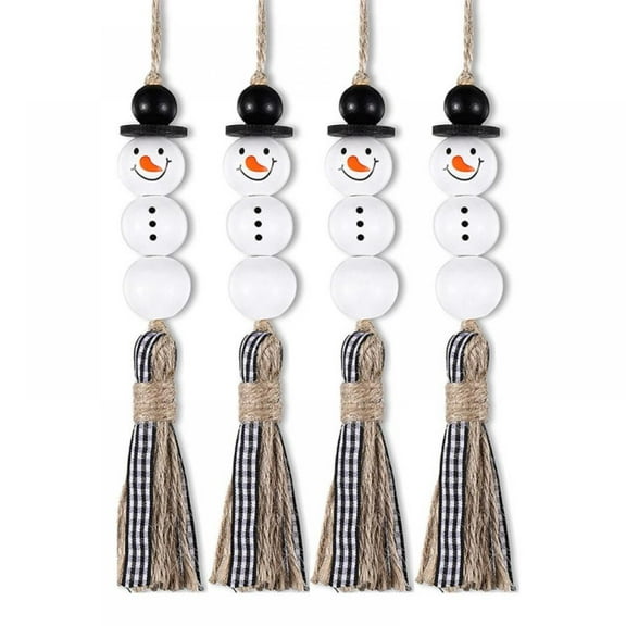 Snowman Bead Garland Christmas Tree Ornaments Xmas Wooden Farmhouse Bead Rustic Hanging Bead Plaid Bead Tassel for Christmas Hanging Party Decor (Black and White Plaid, 4)
