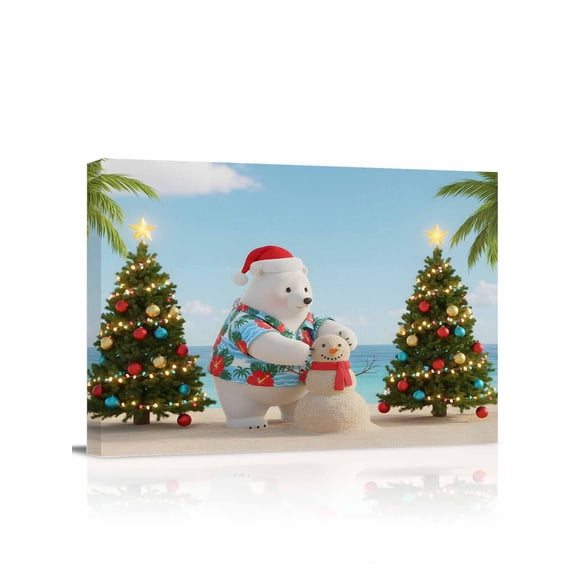 Snowman Bear Canvas Print Wall Art Christmas Trees Polar Bear Build Snowman on Blue Sky Ocean Beach Pictures Painting Morden Artwork for Living Room Bedroom, Ready to Hang - 12"x16"