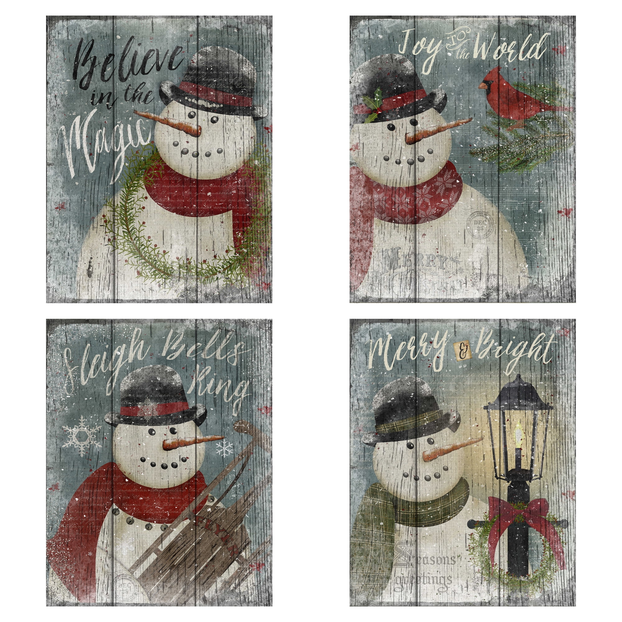 Snowman Believe, Snowman Cardinal, Snowman Merry & Bright, Snowman Sleigh Bells by Beth Albert Holiday Christmas Canvas Art Print Set of 4