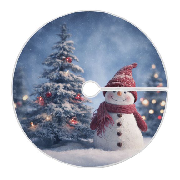 Snowman Beside Christmas Tree Christmas Tree Skirt Opening Design Floor Mat Holiday Decor 35 inch