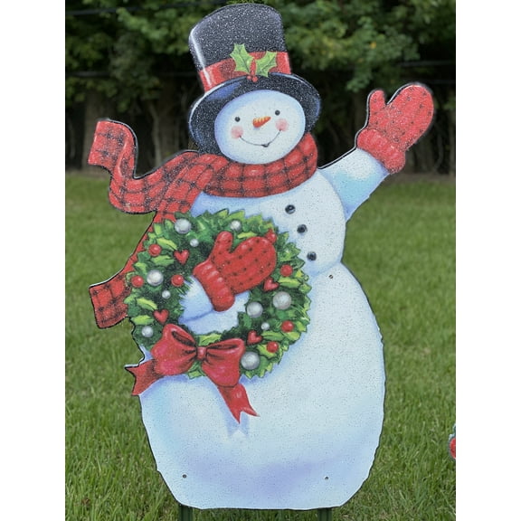 Snowman Black Hat With A Wreath Christmas Yard Art