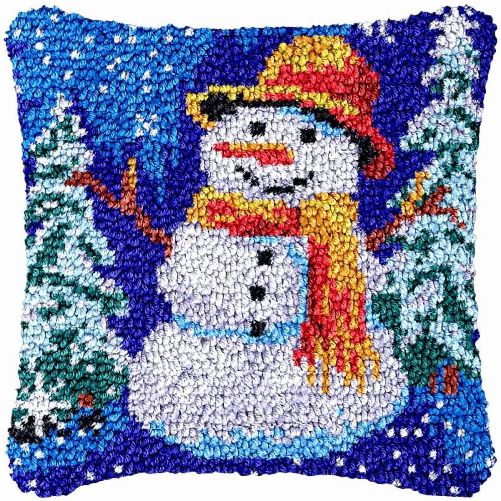 Snowman Blue Latch Hook Kits Pillowcase DIY Rug Making Crochet Hook Cushion Making Kits with Preprinted Pattern Canvas Christmas DIY Needlework Crochet Kits Decor 43x43cm