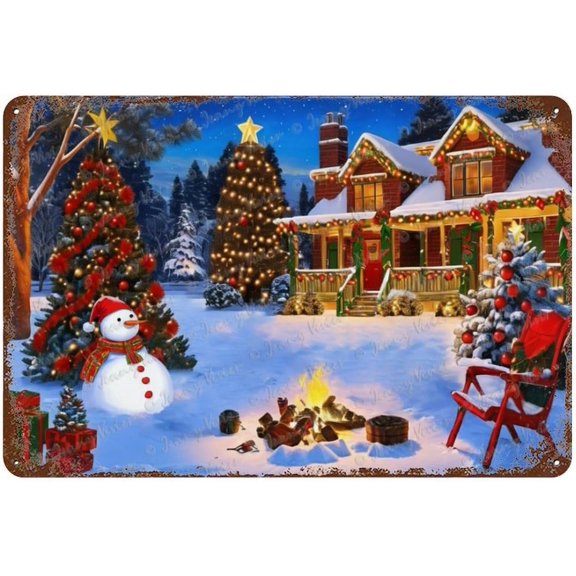 Snowman, Campfire, Cabin, Chic Shabby Tin Sign, Country Style, Rustic Farmhouse Sign, Christmas Decorative Metal Sign For Bedroom Bathroom Kitchen Man Cave Wall Decor 12x8 inches