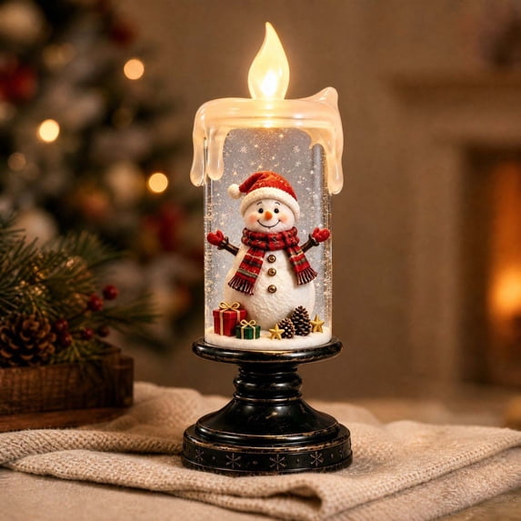 Snowman Candle Lamp, Swirling Snow Globe, Christmas Table Decor, 6.1 Inch Plastic Flameless LED Lighted Snowflake Scene with Snowman Figurine and Vintage Pedestal, for Home Mantel Shelf Holiday Party