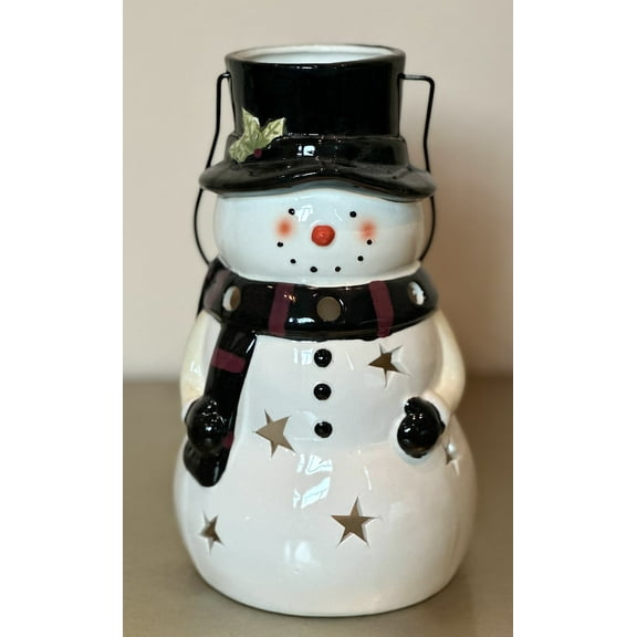 Snowman Candle Lantern with Handle, 9.75" Tall Holiday Candleholder  Ceramic-Look Poly Construction for Indoor or Covered Outdoor Christmas Display  Fits LED, Votive, Wax, or Tealight Candles