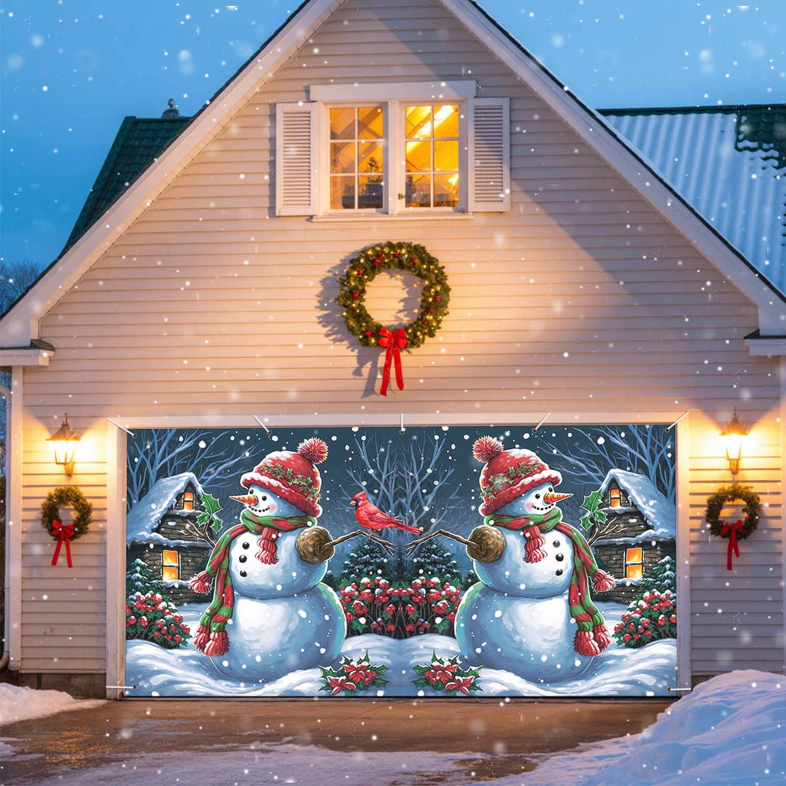 Snowman Cardinal Christmas Garage Door Decorations, 6x13ft Garage Door