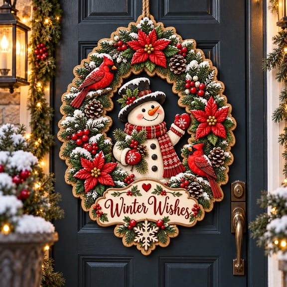 Snowman Cardinal Poinsettia Wreath Wooden Door Sign for Winter Welcome