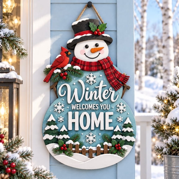 Snowman Cardinal Winter Wooden Door Sign for Front Porch Welcome Gift