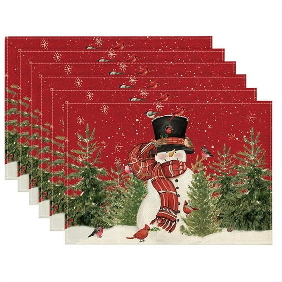 Snowman Cardinals Trees Christmas Placemats for Dining Table, 12 x 18 Inch Seasonal Winter Birds Xmas Holiday Rustic Vintage Thanksgiving Washable Table Mats Set of 4