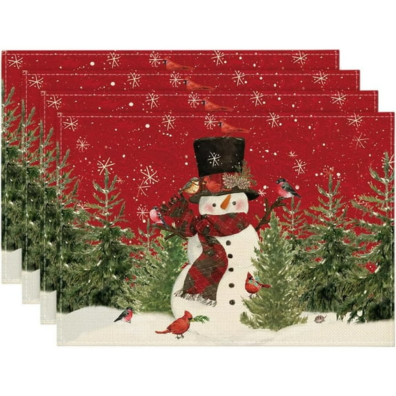 Snowman Cardinals Trees Christmas Placemats for Dining Table, 12 x 18 Inch Seasonal Winter Birds Xmas Holiday Rustic Vintage Thanksgiving Washable Table Mats Set of 4