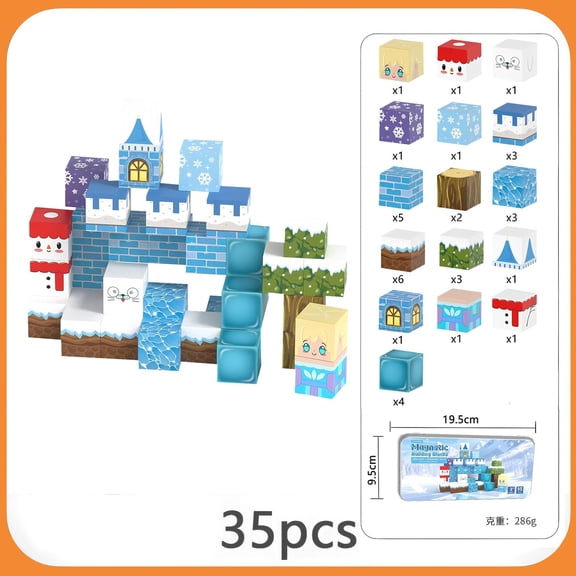 Snowman Castle Magnetic Blocks 35 PCS, Kids Cube Building Toy, Early Learning & Holiday Gift
