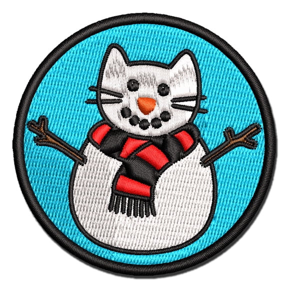 Snowman Cat Christmas Applique Multi-Color Embroidered Iron-On Patch - 3.5 Inch Large