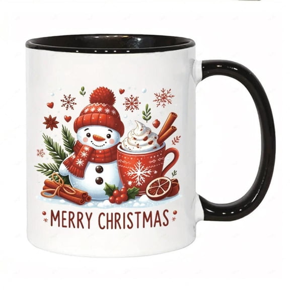 Snowman Ceramic Coffee Mug with Cinnamon Whipped Design 11oz Red Berries Pine Branches Snowflakes Merry Christmas Text Hand Wash Only Reusable White Brown Holiday Cup Hot Cocoa Tea Office or Home Use