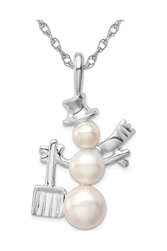 Snowman Charm Freshwater Cultured Pearl Pendant Necklace in Sterling Silver with Chain