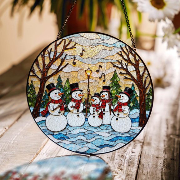 Snowman Choir Glass Suncatcher, Winter Holiday Window Decor, 3.5 in