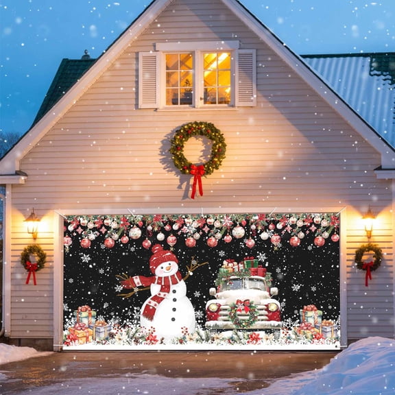 Snowman Christmas Ball Christmas Garage Door Decorations, 6x13ft Garage Door Cover Banner with Grommets, Outdoor Garage Door Backdrop Mural for Holiday Party Wall Decor, Red Truck Holly Berry Wreath