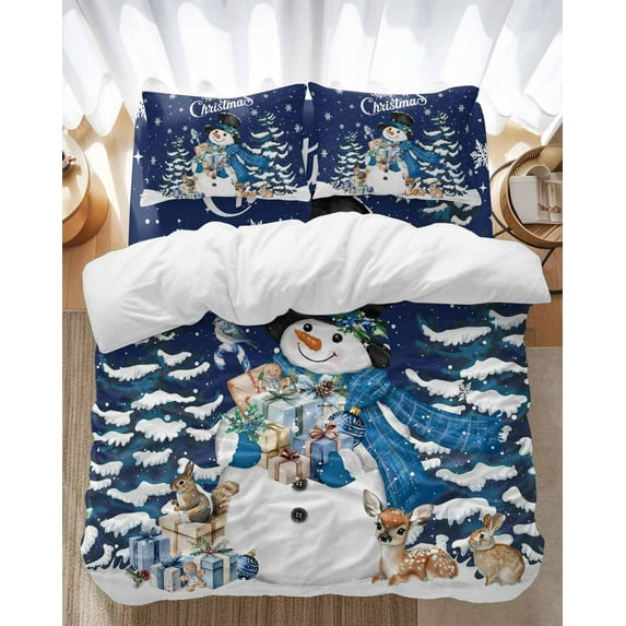 Snowman Christmas Bedding Duvet Cover Set Twin Size 4 Pieces Winter Tree Snowflake Elk Rabbit Navy Blue Bedding Set with Zipper Closure, 1 Comforter Cover 68x86 Inches 1 Flat Sheet & 2 Pillow Cases