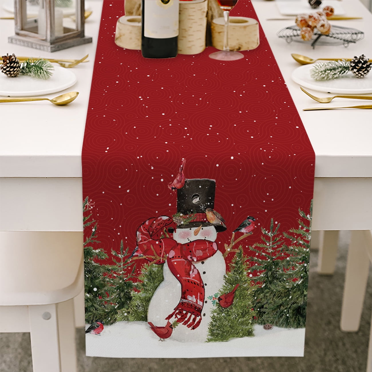Snowman Christmas Birds Trees Table Runner, Seasonal Winter Xmas Holiday Kitchen Dining Table Decoration for Indoor Outdoor Home Party Decor 13 x 72 Inch