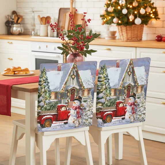 Snowman Christmas Chair Covers Set of 6 Winter Snowflakes House Truck Xmas Tree Chair Back Covers Stretch Removable Washable Slipcovers Protector for Dining Room Kitchen Party Decor