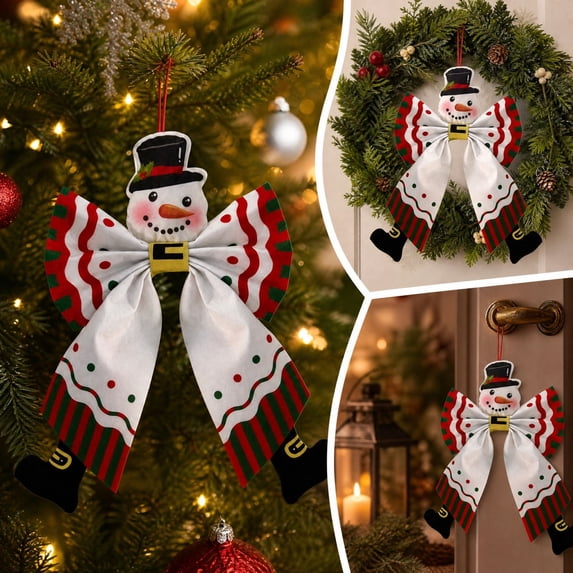 Snowman Christmas Character Bow Ornament, Fabric Hanging Decoration with Cartoon Face and Festive Bow Tails for Christmas Tree Door Wall Wreath Holiday Party Decor, 9.06 Inch