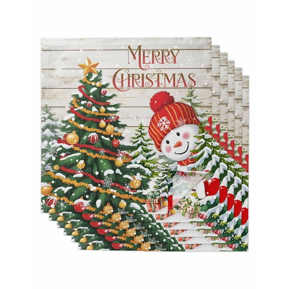 Snowman Christmas Cloth Napkins Set of 6 Reusable Dinner Napkins, Xmas Tree Ball Snowflake Winter Wooden Cocktail Napkin Washable Table Napkins for Wedding/Holiday Party/Baby Shower 20"x20"