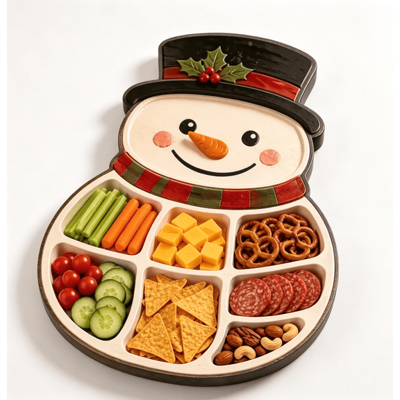 Snowman Christmas Compartment Charcuterie Platter, Divided Snack Serving Tray for Family Xmas Movie Night Holiday Party Table Decor