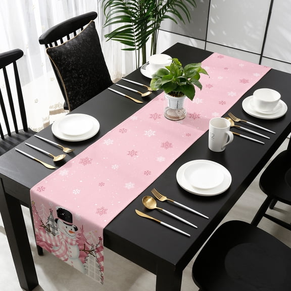 Snowman Christmas, Cotton Linen Table Runner 18 x 72 inch Blush Pink Tree Plaid Dot Non-slip Rectangular Dining Table Decor for Wedding Party Holiday Dinner