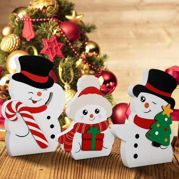 Snowman Christmas Decorations Indoor, Cute Winter Tiered Tray Decor Set of 3, Wooden Snowman Blocks Xmas Table Decoration for Party Home Office Shelf Door (Peppermint Candy Canes)