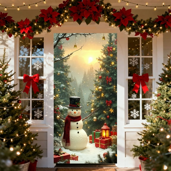 Snowman Christmas Door Cover, 35 x 71 in Front Door Hanging Cloth, Tree Snowman Banner, Winter Snowscene, House Backdrop, Porch Photography Background Prop, Christmas New Year Home Decor