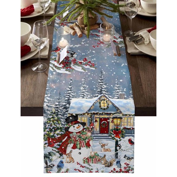 Snowman Christmas Dresser Scarf Farmhouse, Dining Table Decorations for Wedding/Parties, Xmas Tree Gifts Snowflake Winter Table Runner 36 Inches Long for Kitchen Dining, 13 x 36 In