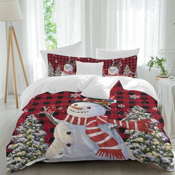 Snowman Christmas Duvet Cover Set King Size, Winter Christmas Tree Snowflakes Red Plaid 4 Piece Soft Microfiber Bedding Set with 1 Duvet Cover, 1 Flat Sheet, 2 Pillowcases