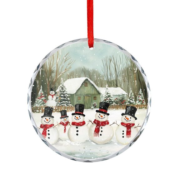 Snowman Christmas Glass Ornament for Xmas Tree Snowy Pine Tree Glass Round Christmas Ornament