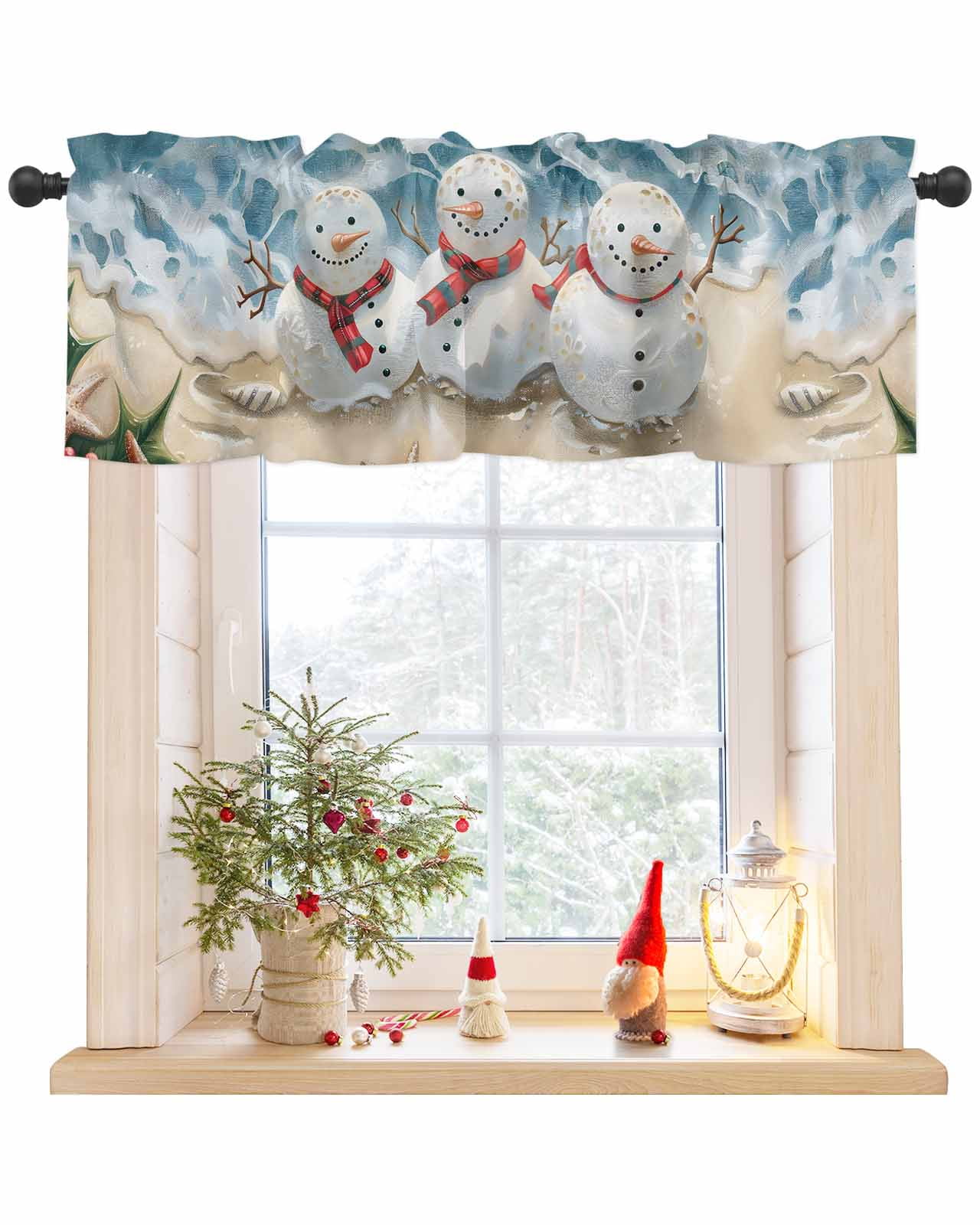Snowman Christmas Holly Berries Beach Shell Window Valances for Kitchen