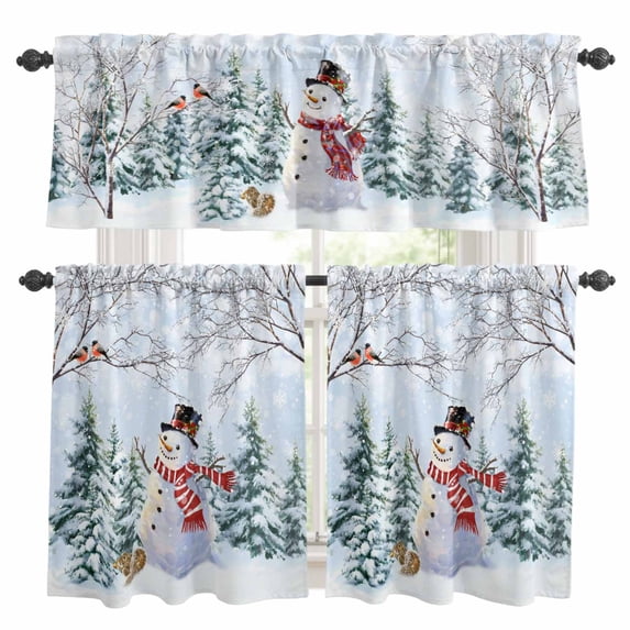 Snowman Christmas Kitchen Curtains Sets for Windows 24 Inch Length, Xmas Tree Branches Snowflake Birds Winter Rod Pocket Window Treatments Tier Curtains and Valances Set for Bedroom/Bathroom