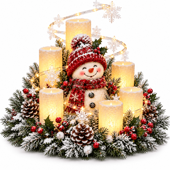 Snowman Christmas Lighted Centerpiece with Flameless Candle Glow, Christmas Decoration with Frosted Greenery, Red Berries & Pinecones, Perfect for Home Tabletop & Holiday Gift, 10.6" x 11.8"
