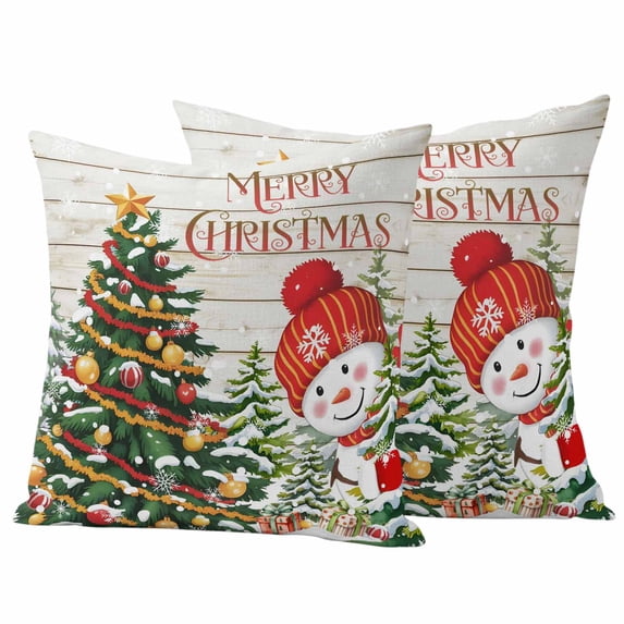 Snowman Christmas Outdoor Waterproof Pillow Covers, Xmas Tree Ball Snowflake Winter Wooden Decorative Square Throw Pillowcase Sofa Cushion Sham for Patio/Couch/Chair, 16"x16" 2 Pack
