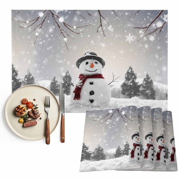 Snowman Christmas Placemats Set of 12, Gray Winter Snow Scenery Table Mats Washable Heat-Insulation Non-Slip Place Mats for Kitchen Dinner Table Indoor Outdoor Decor,13x19 Inch